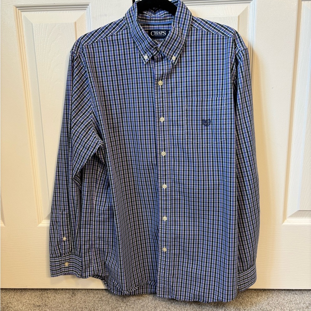 Chaps Large Stretch Easy Care Blue and White Plaid Men's Shirt
